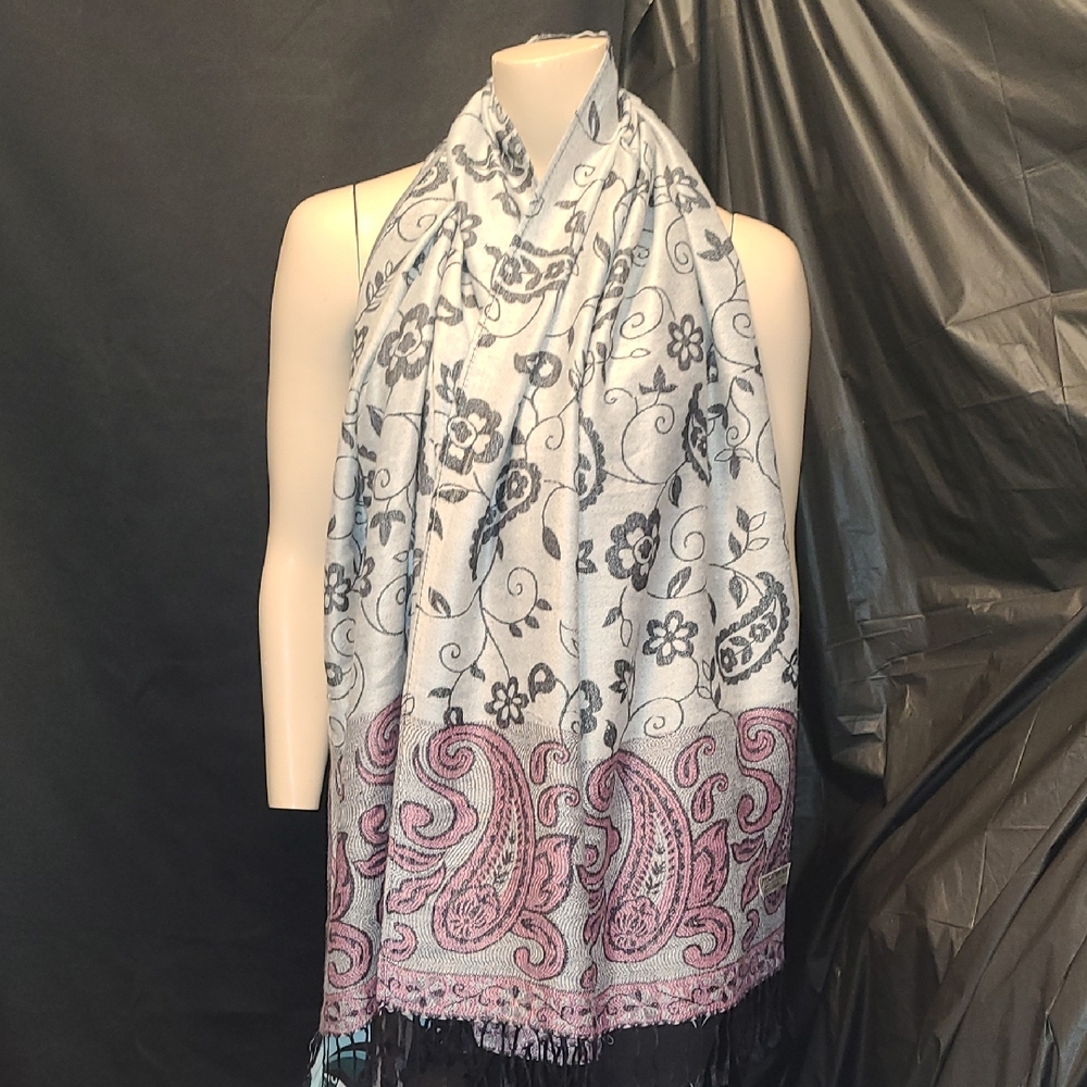 Pashmina Floral Paisley Scarf in Pink, Grey and Black 74" X 27"